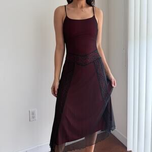 Vintage Y2K Whimsygoth Dress Medium Red Black Mesh Overlay Slip Vampy Grunge USA